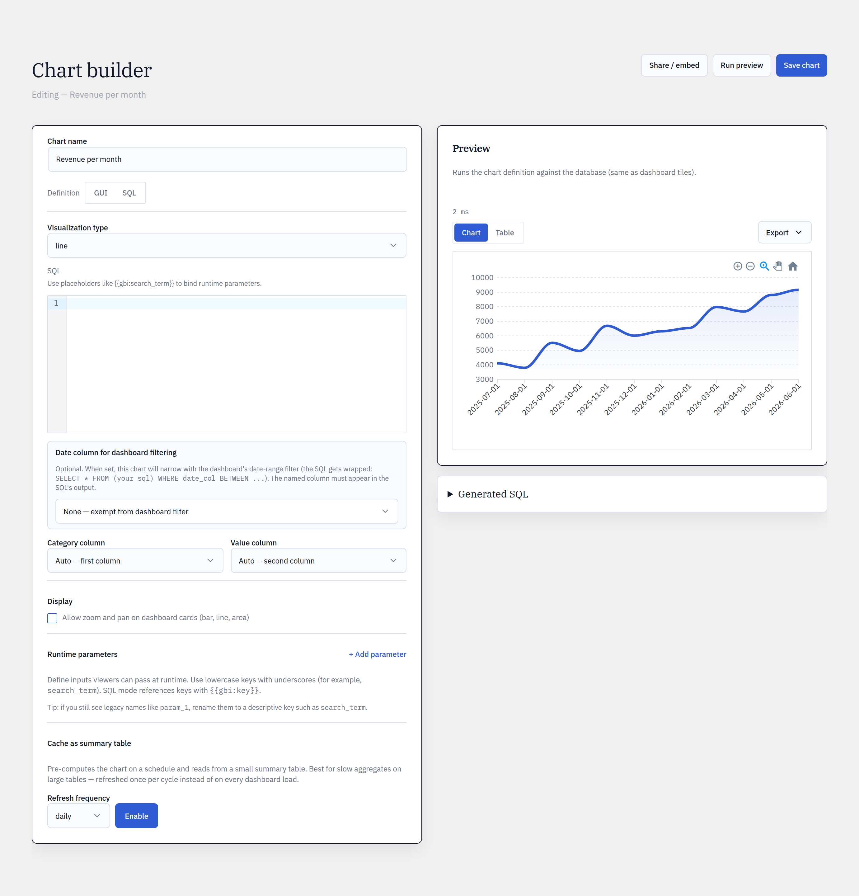 The Glimpse BI chart builder — table, measure, and dimension pickers with a live preview.