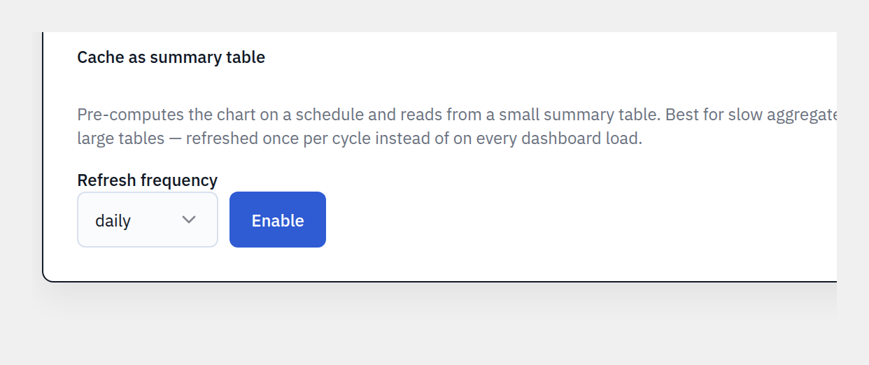 The Cache-as-summary-table control — pick a refresh cadence (hourly, twice-daily, daily) and enable pre-computation.