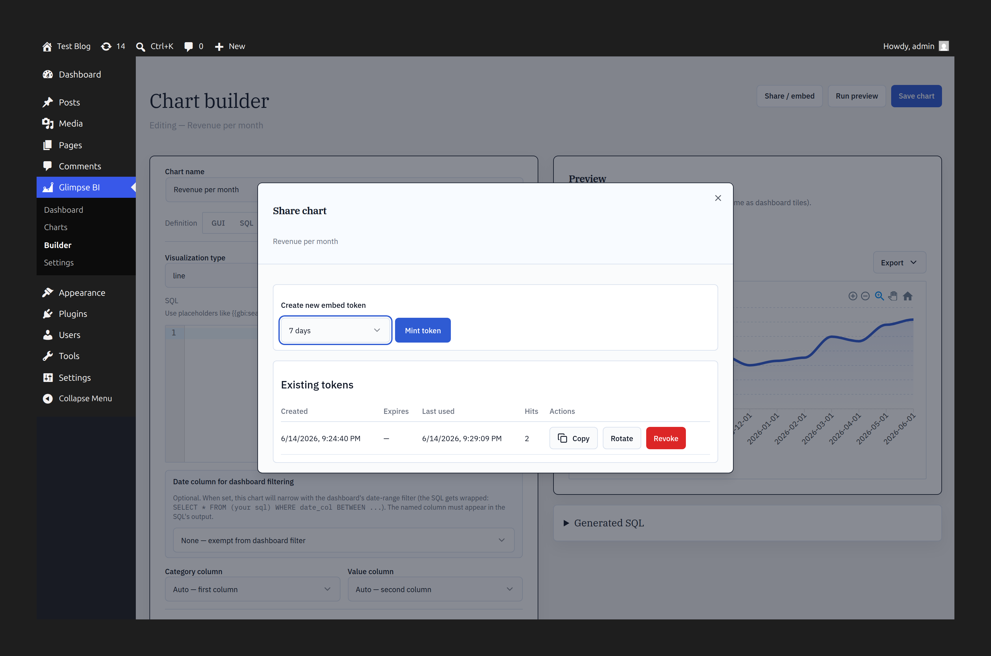 Share & embed dialog — mint an expiring token, copy the iframe or shortcode, rotate or revoke.